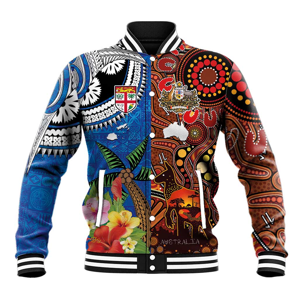 Fiji and Australia Together Baseball Jacket Fijian Tapa Plants with Kangaroo and Aboriginal - Polynesian Pride