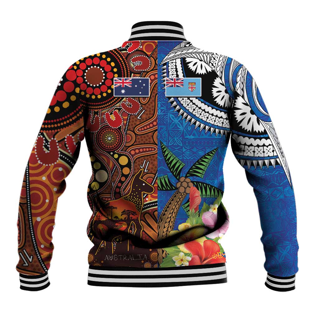 Fiji and Australia Together Baseball Jacket Fijian Tapa Plants with Kangaroo and Aboriginal - Polynesian Pride
