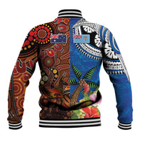Fiji and Australia Together Baseball Jacket Fijian Tapa Plants with Kangaroo and Aboriginal - Polynesian Pride