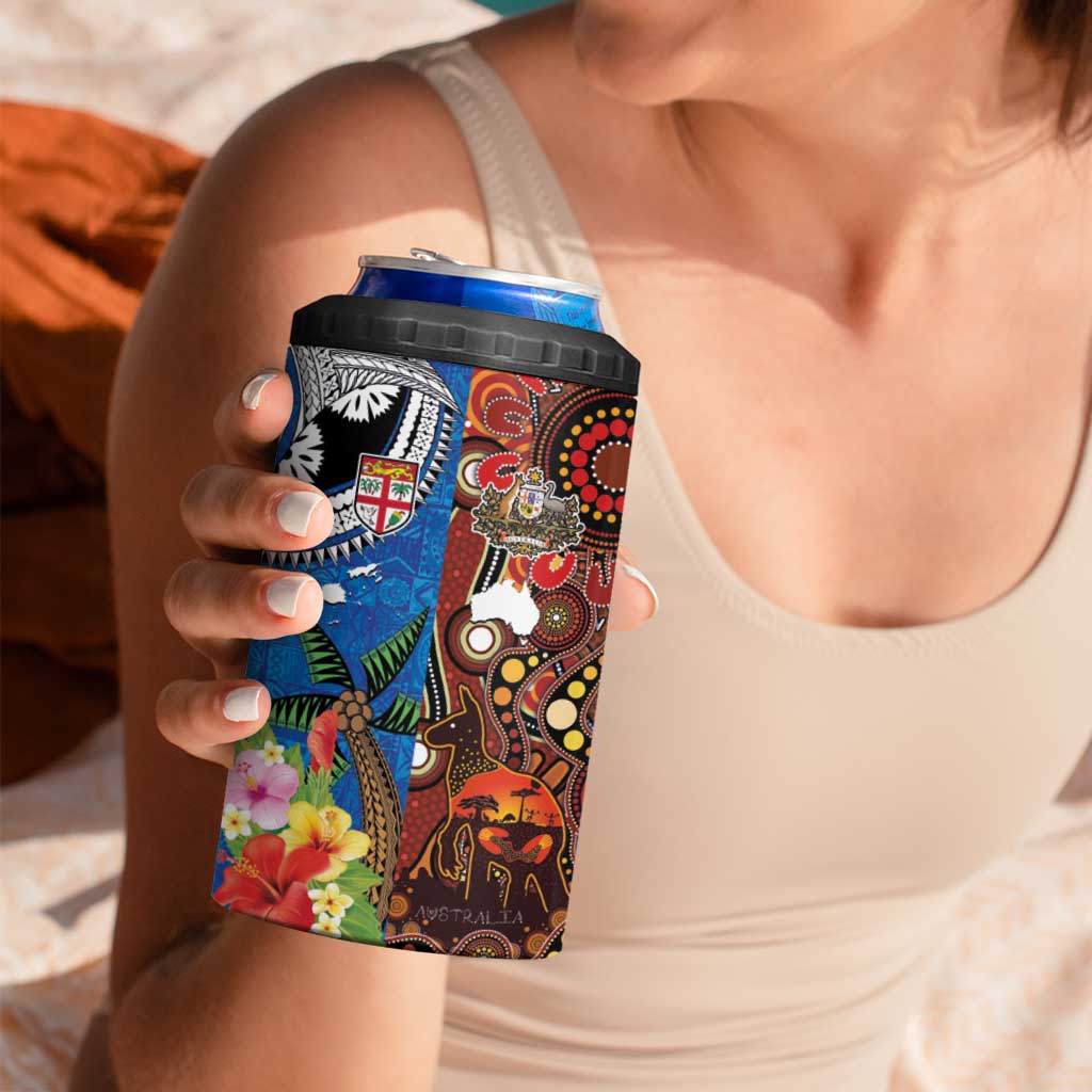 Fiji and Australia Together 4 in 1 Can Cooler Tumbler Fijian Tapa Plants with Kangaroo and Aboriginal - Polynesian Pride