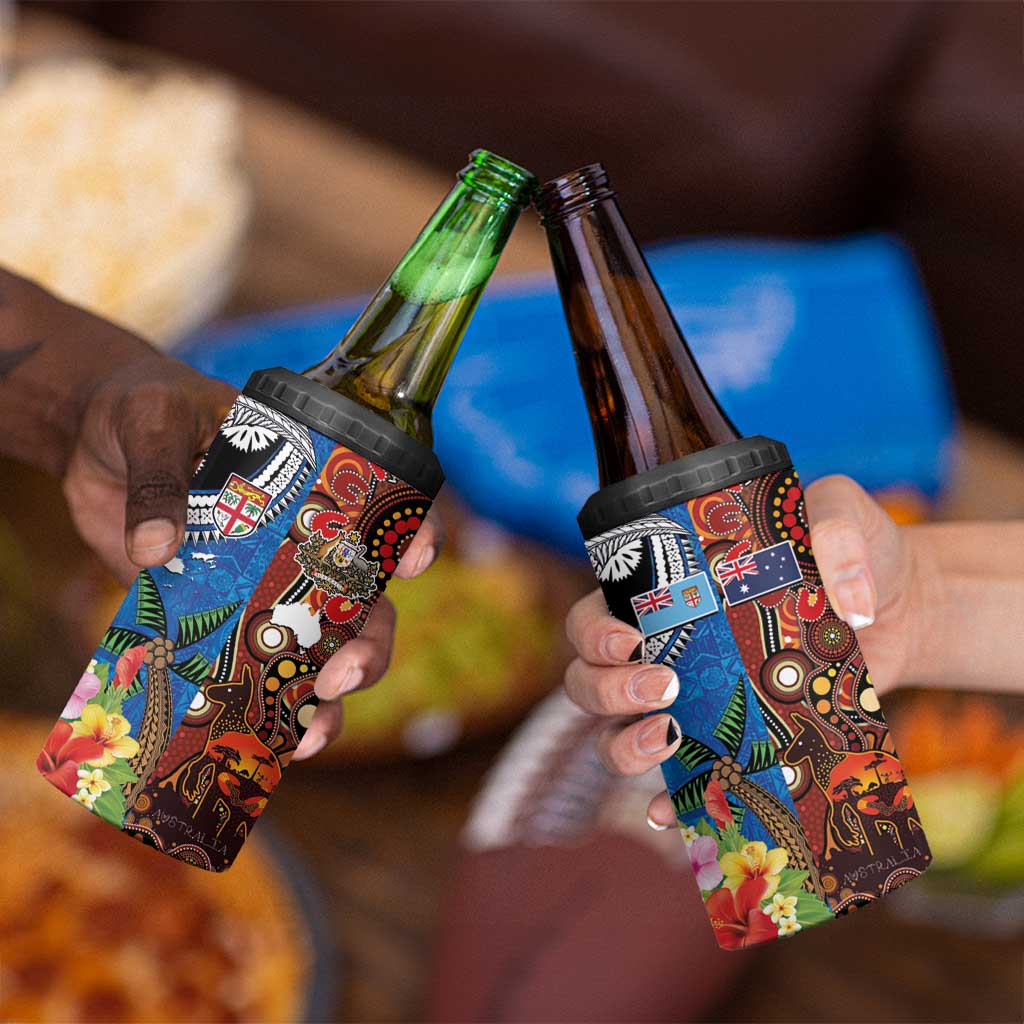 Fiji and Australia Together 4 in 1 Can Cooler Tumbler Fijian Tapa Plants with Kangaroo and Aboriginal - Polynesian Pride