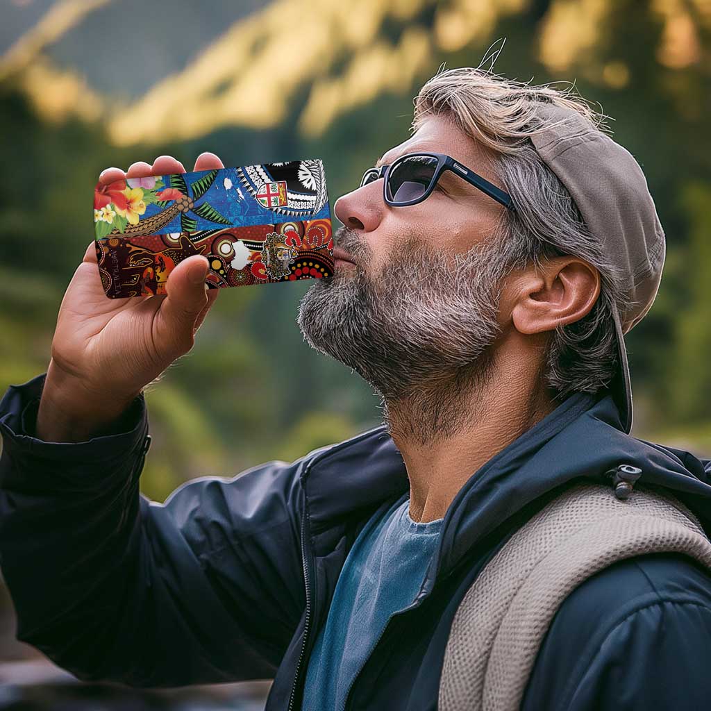 Fiji and Australia Together 4 in 1 Can Cooler Tumbler Fijian Tapa Plants with Kangaroo and Aboriginal - Polynesian Pride