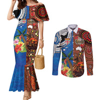 Fiji and Australia Together Couples Matching Mermaid Dress and Long Sleeve Button Shirt Fijian Tapa Plants with Kangaroo and Aboriginal - Polynesian Pride