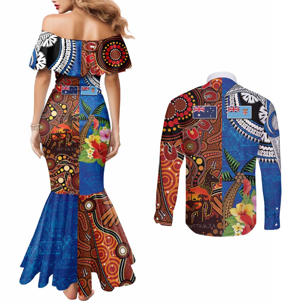 Fiji and Australia Together Couples Matching Mermaid Dress and Long Sleeve Button Shirt Fijian Tapa Plants with Kangaroo and Aboriginal - Polynesian Pride
