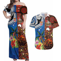 Fiji and Australia Together Couples Matching Off Shoulder Maxi Dress and Hawaiian Shirt Fijian Tapa Plants with Kangaroo and Aboriginal - Polynesian Pride