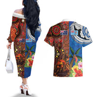 Fiji and Australia Together Couples Matching Off The Shoulder Long Sleeve Dress and Hawaiian Shirt Fijian Tapa Plants with Kangaroo and Aboriginal - Polynesian Pride