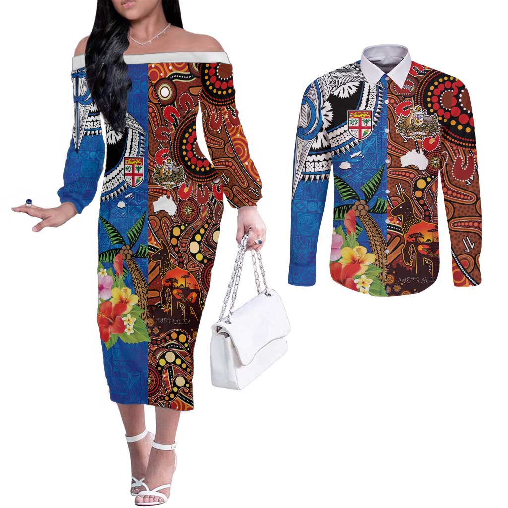 Fiji and Australia Together Couples Matching Off The Shoulder Long Sleeve Dress and Long Sleeve Button Shirt Fijian Tapa Plants with Kangaroo and Aboriginal - Polynesian Pride
