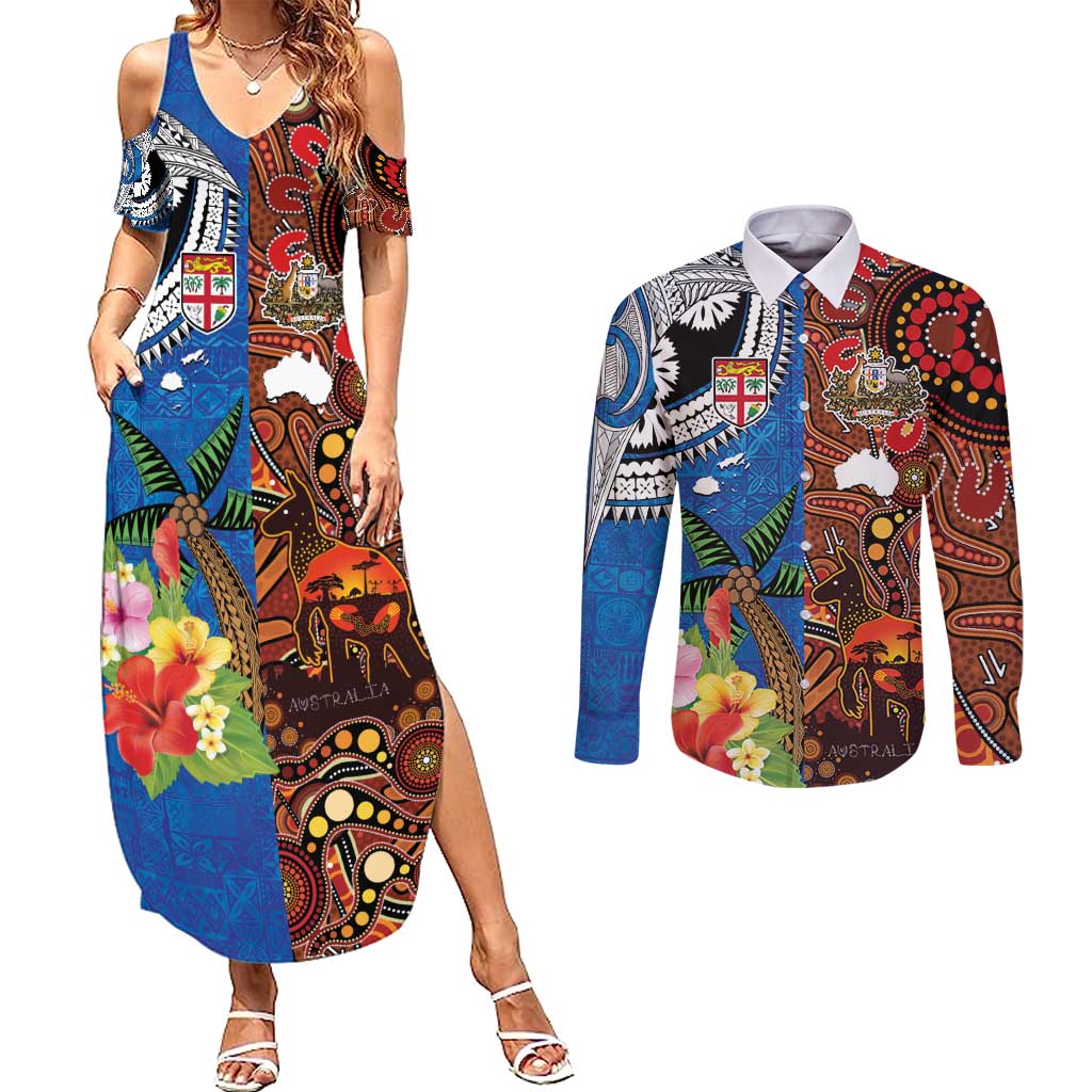 Fiji and Australia Together Couples Matching Summer Maxi Dress and Long Sleeve Button Shirt Fijian Tapa Plants with Kangaroo and Aboriginal - Polynesian Pride