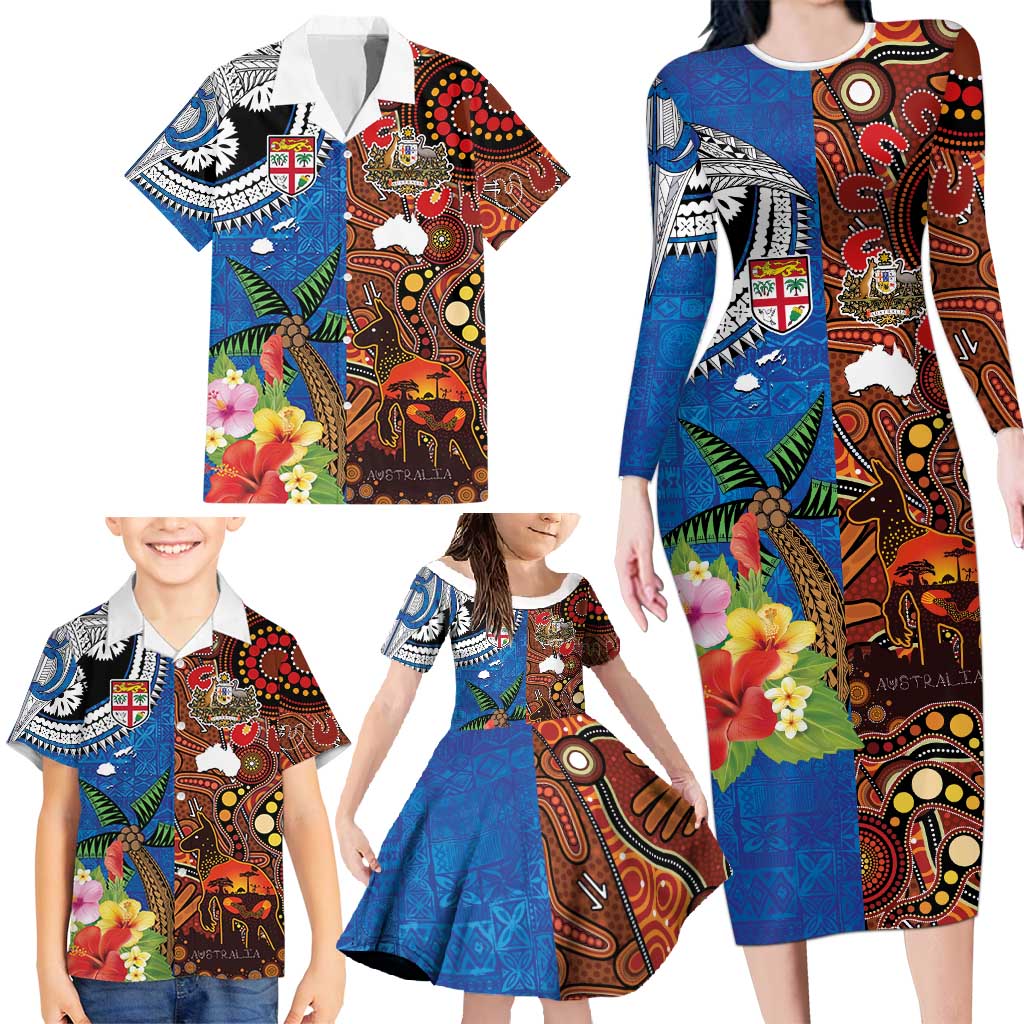 Fiji and Australia Together Family Matching Long Sleeve Bodycon Dress and Hawaiian Shirt Fijian Tapa Plants with Kangaroo and Aboriginal - Polynesian Pride