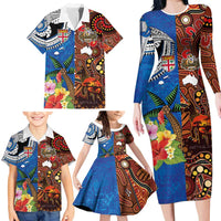 Fiji and Australia Together Family Matching Long Sleeve Bodycon Dress and Hawaiian Shirt Fijian Tapa Plants with Kangaroo and Aboriginal - Polynesian Pride