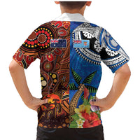 Fiji and Australia Together Family Matching Mermaid Dress and Hawaiian Shirt Fijian Tapa Plants with Kangaroo and Aboriginal - Polynesian Pride