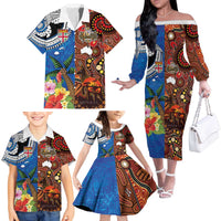 Fiji and Australia Together Family Matching Off The Shoulder Long Sleeve Dress and Hawaiian Shirt Fijian Tapa Plants with Kangaroo and Aboriginal - Polynesian Pride