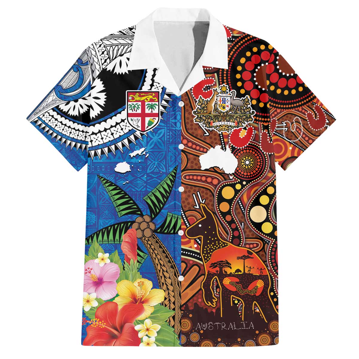 Fiji and Australia Together Family Matching Off The Shoulder Long Sleeve Dress and Hawaiian Shirt Fijian Tapa Plants with Kangaroo and Aboriginal - Polynesian Pride