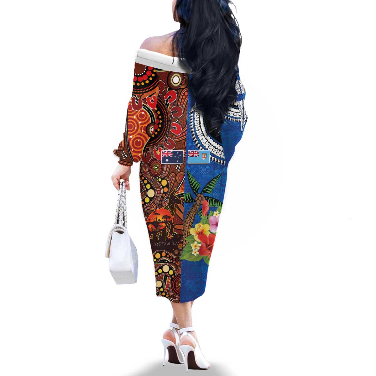Fiji and Australia Together Family Matching Off The Shoulder Long Sleeve Dress and Hawaiian Shirt Fijian Tapa Plants with Kangaroo and Aboriginal - Polynesian Pride