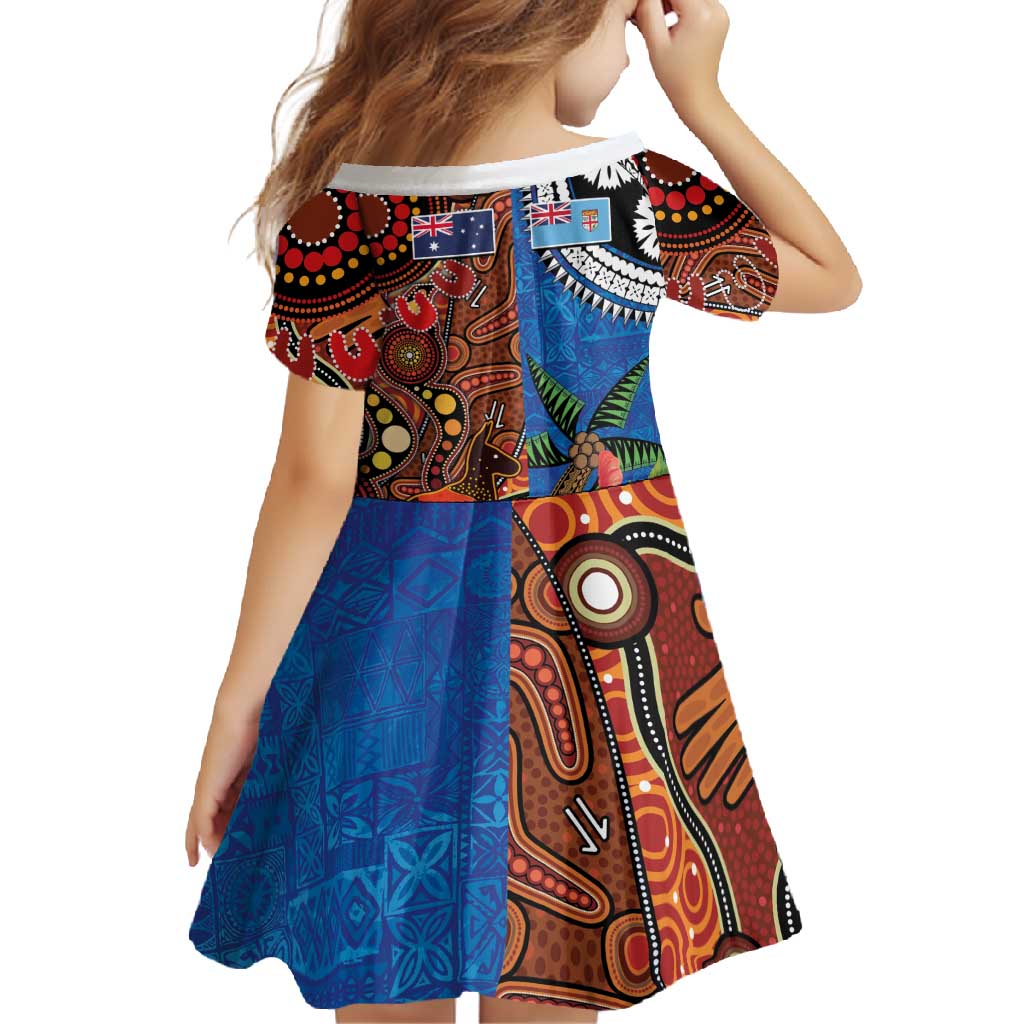 Fiji and Australia Together Family Matching Off Shoulder Maxi Dress and Hawaiian Shirt Fijian Tapa Plants with Kangaroo and Aboriginal - Polynesian Pride