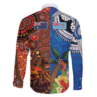 Fiji and Australia Together Family Matching Off Shoulder Maxi Dress and Hawaiian Shirt Fijian Tapa Plants with Kangaroo and Aboriginal - Polynesian Pride