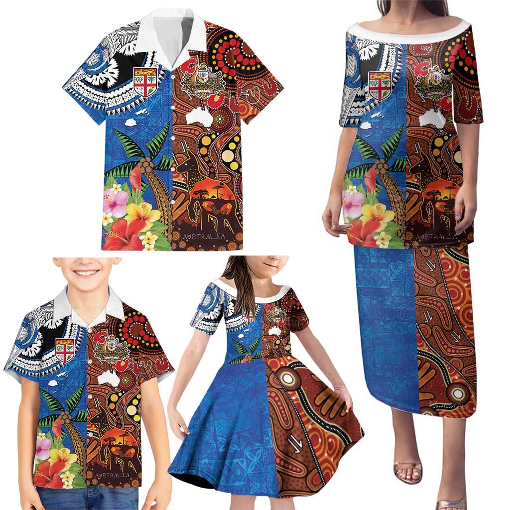 Fiji and Australia Together Family Matching Puletasi and Hawaiian Shirt Fijian Tapa Plants with Kangaroo and Aboriginal - Polynesian Pride