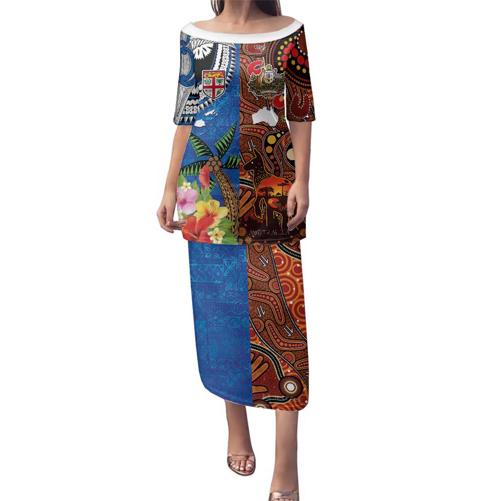 Fiji and Australia Together Family Matching Puletasi and Hawaiian Shirt Fijian Tapa Plants with Kangaroo and Aboriginal - Polynesian Pride