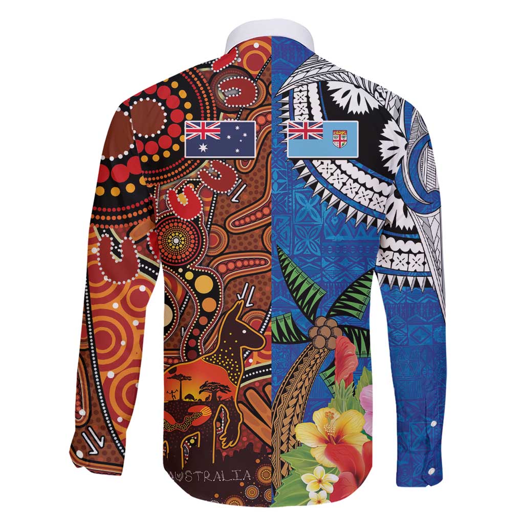 Fiji and Australia Together Family Matching Short Sleeve Bodycon Dress and Hawaiian Shirt Fijian Tapa Plants with Kangaroo and Aboriginal - Polynesian Pride