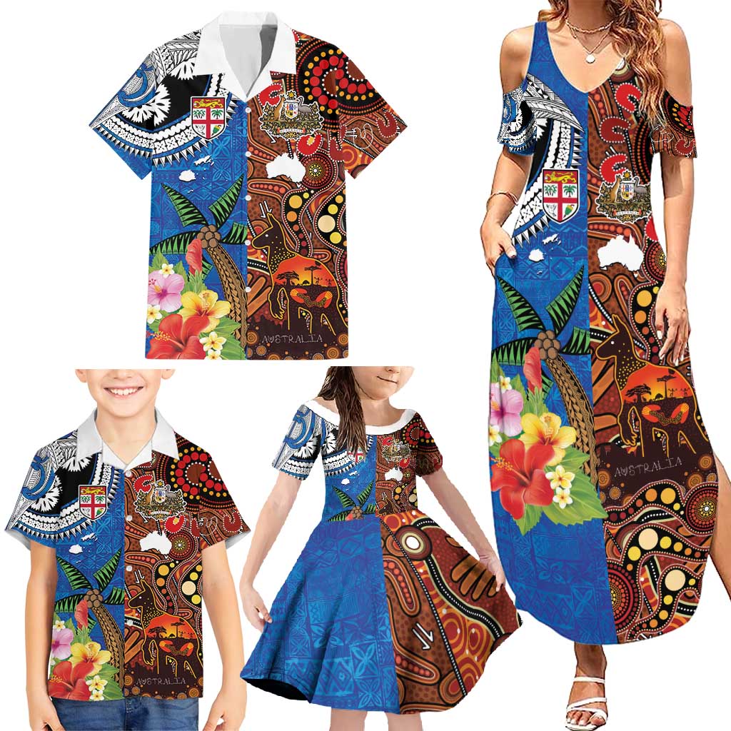 Fiji and Australia Together Family Matching Summer Maxi Dress and Hawaiian Shirt Fijian Tapa Plants with Kangaroo and Aboriginal - Polynesian Pride