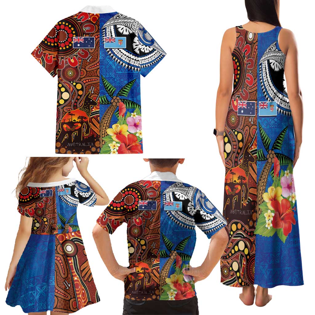 Fiji and Australia Together Family Matching Tank Maxi Dress and Hawaiian Shirt Fijian Tapa Plants with Kangaroo and Aboriginal - Polynesian Pride