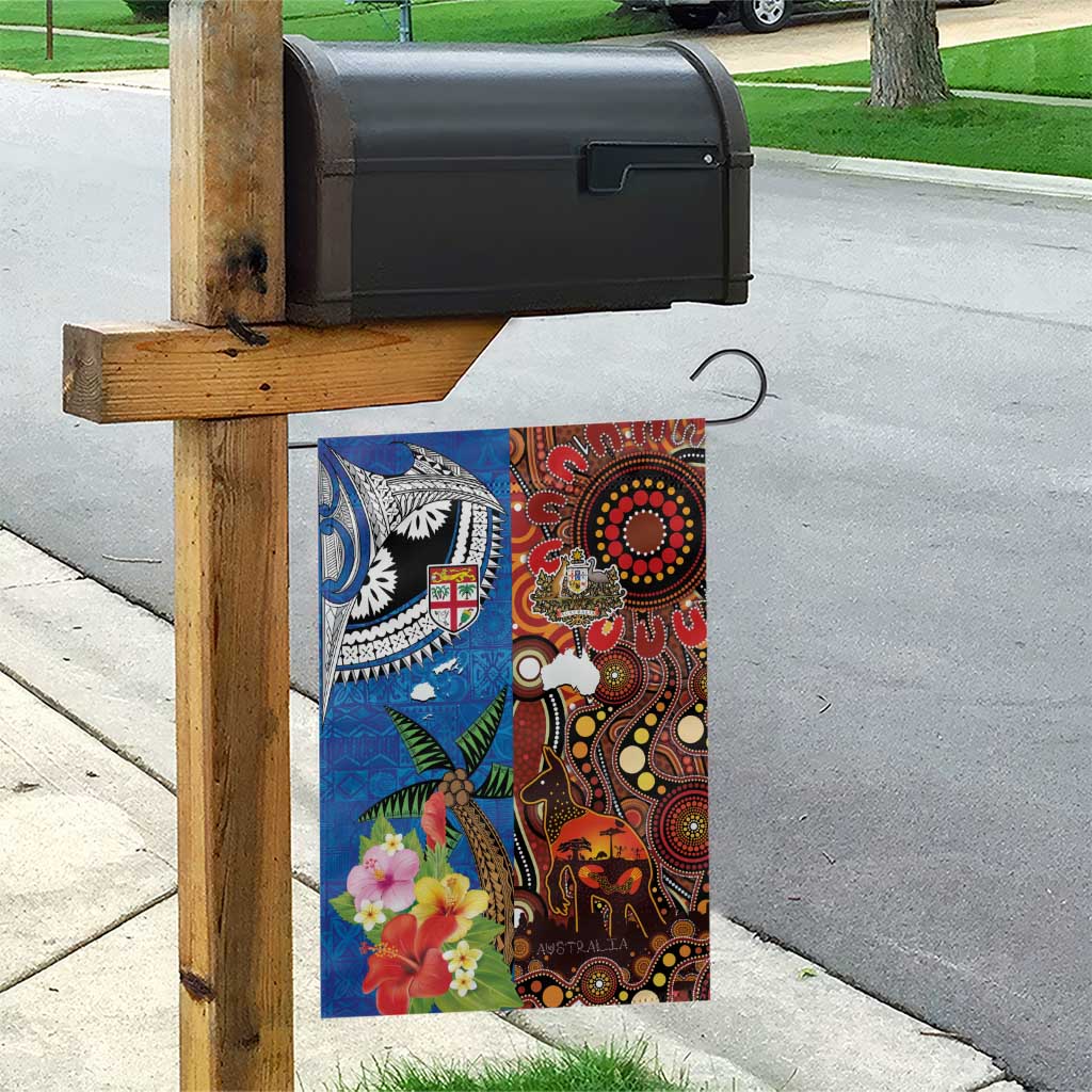 Fiji and Australia Together Garden Flag Fijian Tapa Plants with Kangaroo and Aboriginal - Polynesian Pride