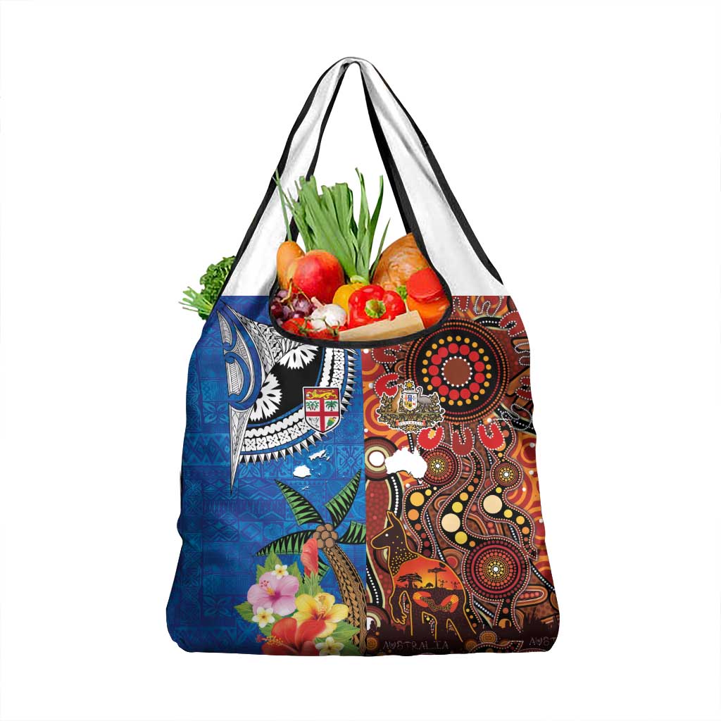Fiji and Australia Together Grocery Bag Fijian Tapa Plants with Kangaroo and Aboriginal - Polynesian Pride