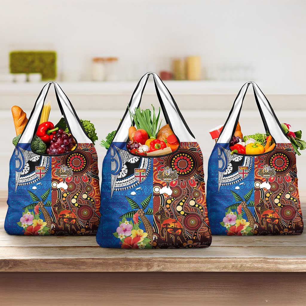 Fiji and Australia Together Grocery Bag Fijian Tapa Plants with Kangaroo and Aboriginal - Polynesian Pride