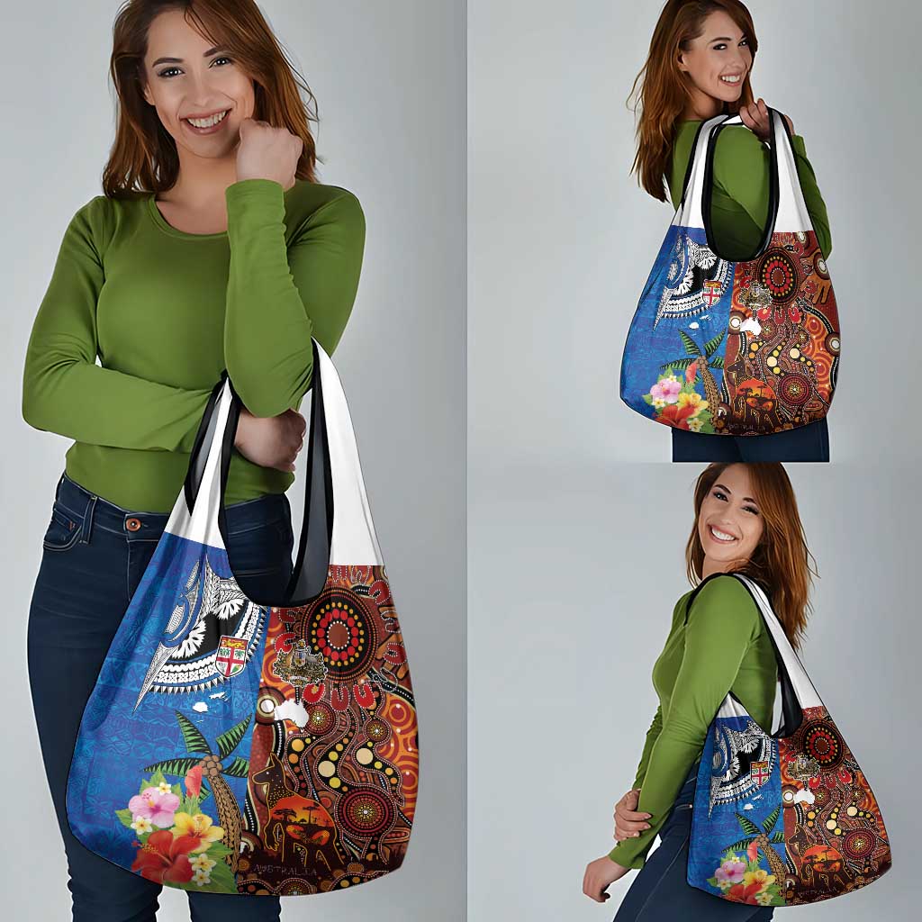 Fiji and Australia Together Grocery Bag Fijian Tapa Plants with Kangaroo and Aboriginal - Polynesian Pride