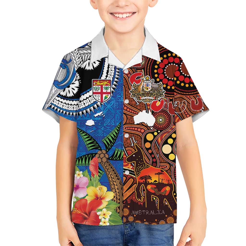 Fiji and Australia Together Hawaiian Shirt Fijian Tapa Plants with Kangaroo and Aboriginal - Polynesian Pride