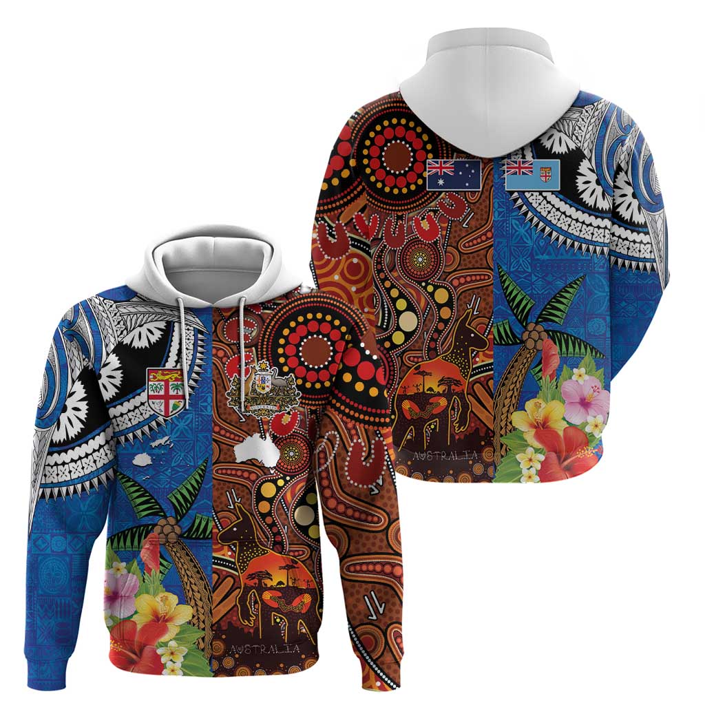 Fiji and Australia Together Hoodie Fijian Tapa Plants with Kangaroo and Aboriginal - Polynesian Pride