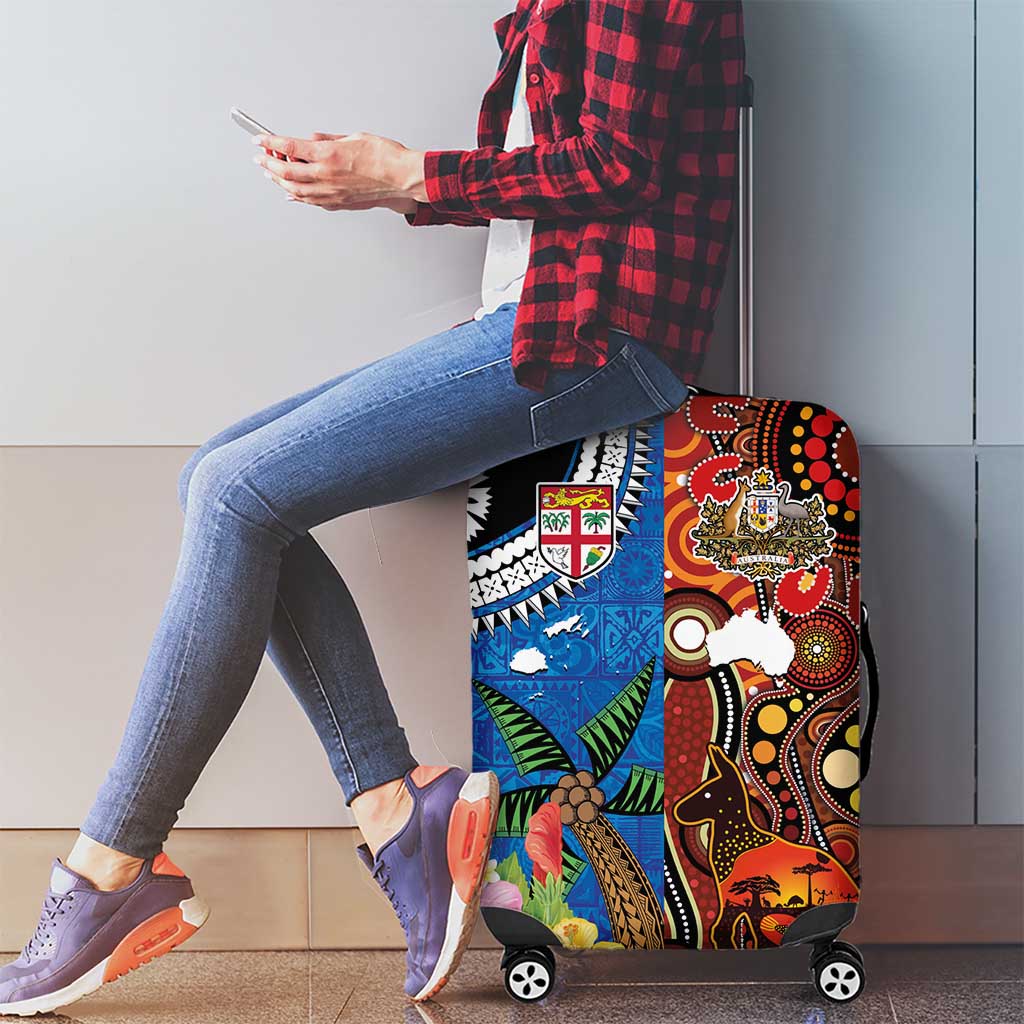 Fiji and Australia Together Luggage Cover Fijian Tapa Plants with Kangaroo and Aboriginal - Polynesian Pride