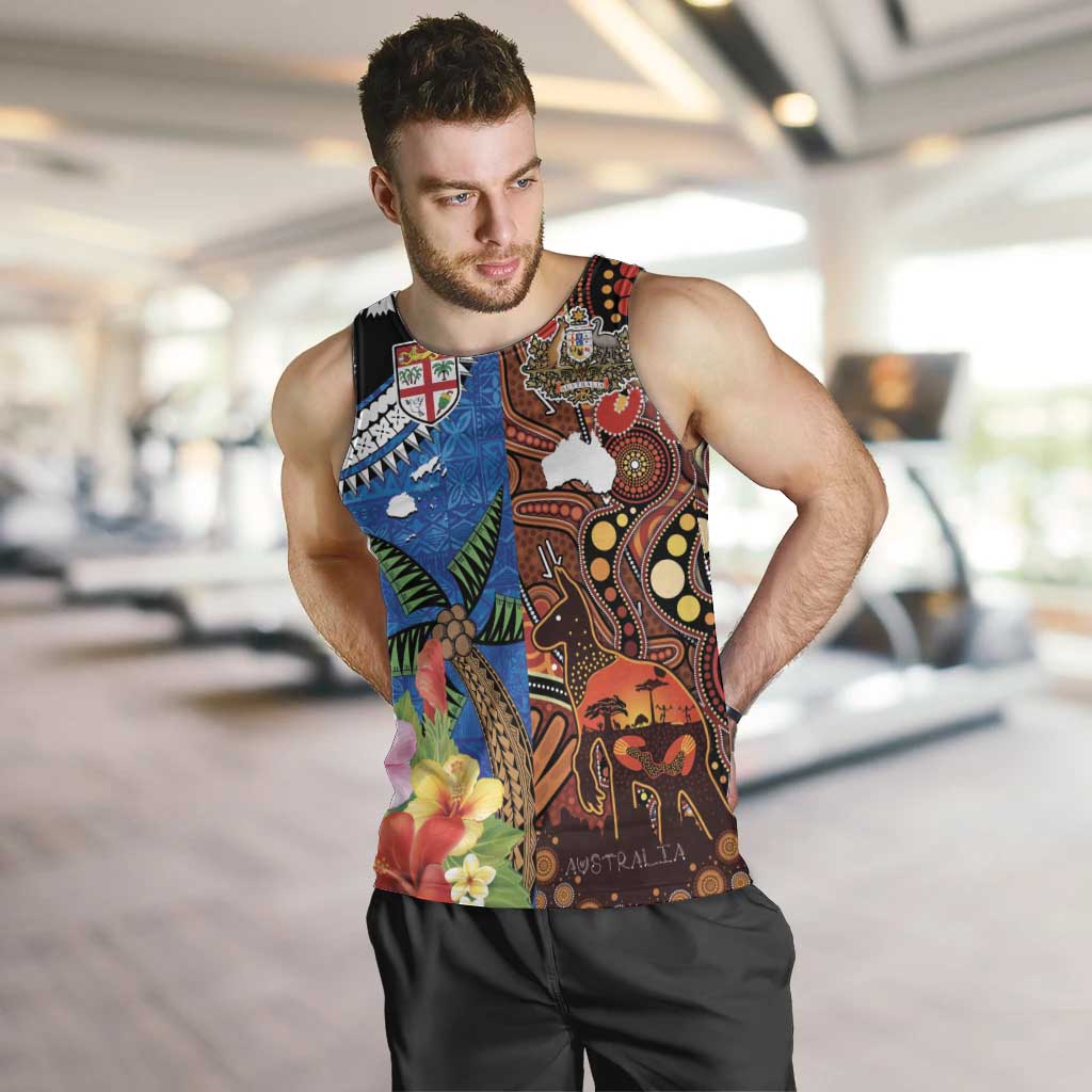 Fiji and Australia Together Men Tank Top Fijian Tapa Plants with Kangaroo and Aboriginal - Polynesian Pride