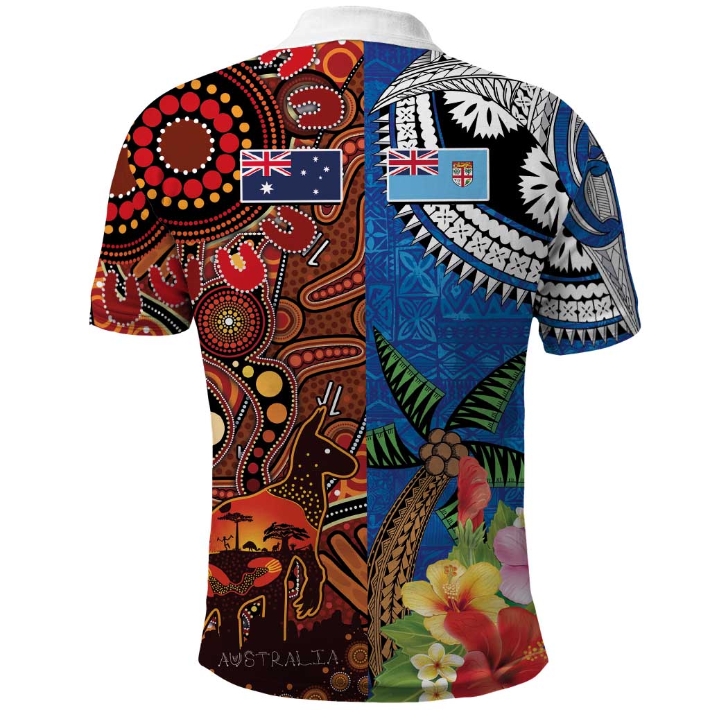 Fiji and Australia Together Polo Shirt Fijian Tapa Plants with Kangaroo and Aboriginal - Polynesian Pride