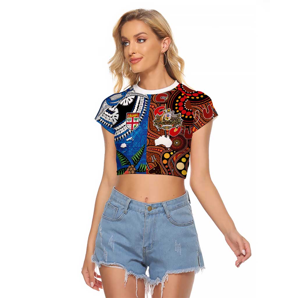 Fiji and Australia Together Raglan Cropped T Shirt Fijian Tapa Plants with Kangaroo and Aboriginal - Polynesian Pride