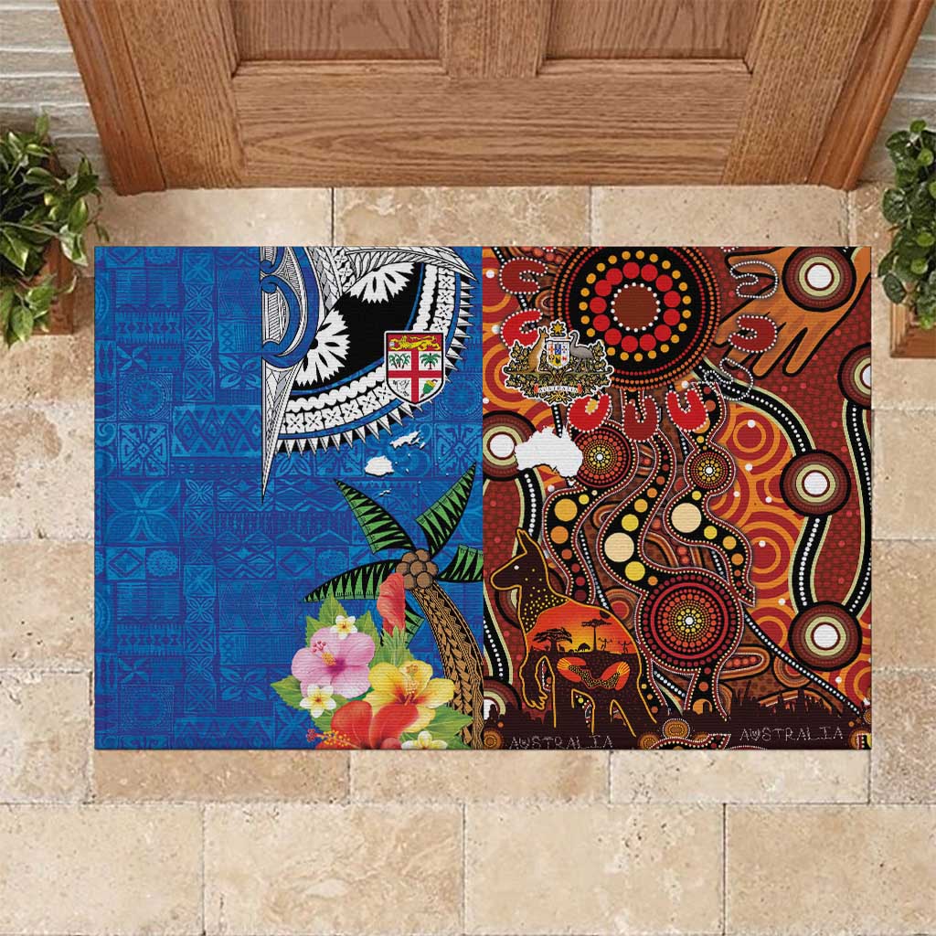 Fiji and Australia Together Rubber Doormat Fijian Tapa Plants with Kangaroo and Aboriginal - Polynesian Pride