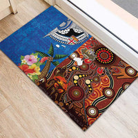 Fiji and Australia Together Rubber Doormat Fijian Tapa Plants with Kangaroo and Aboriginal - Polynesian Pride