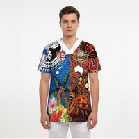 Fiji and Australia Together Scrub Top Fijian Tapa Plants with Kangaroo and Aboriginal - Polynesian Pride