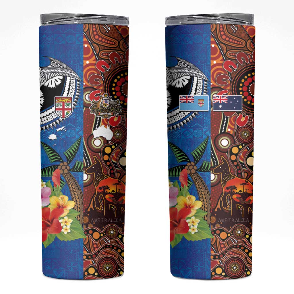Fiji and Australia Together Skinny Tumbler Fijian Tapa Plants with Kangaroo and Aboriginal LT03 Black - Polynesian Pride