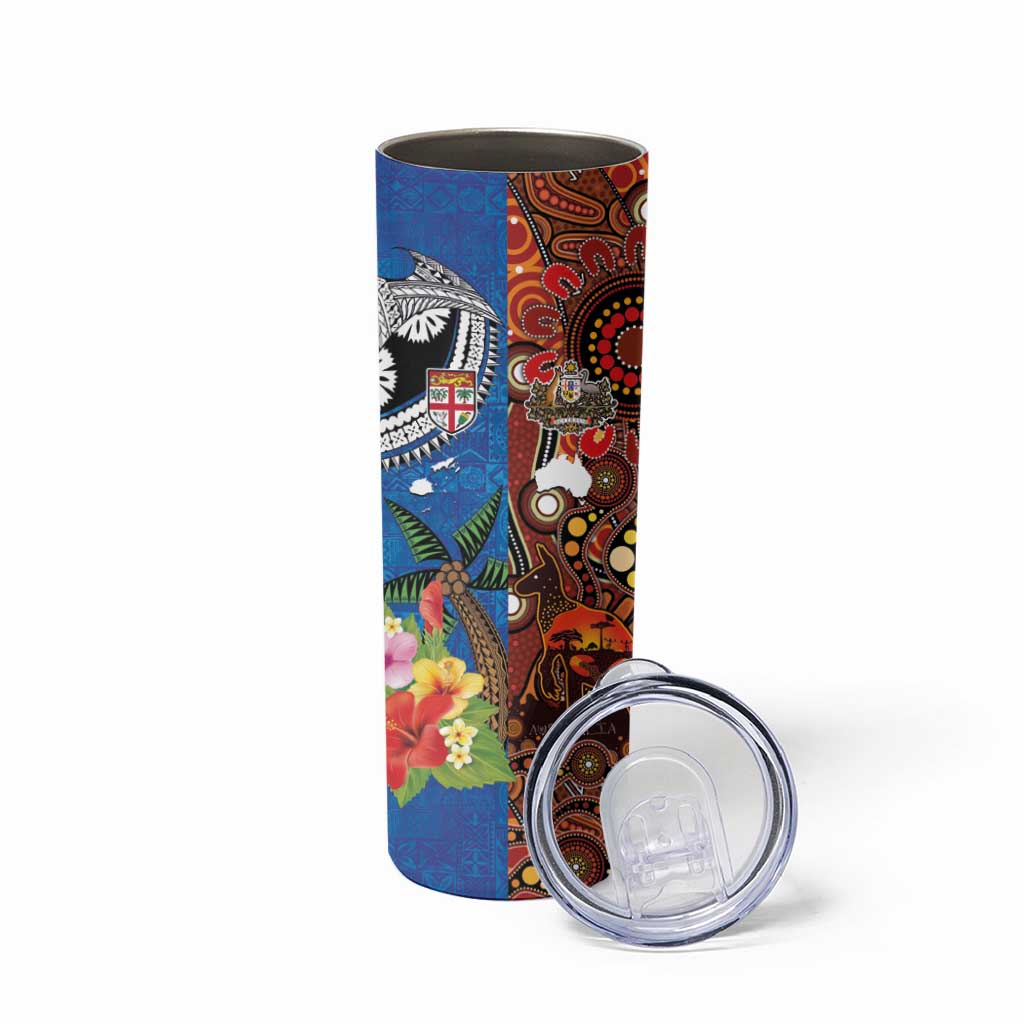 Fiji and Australia Together Skinny Tumbler Fijian Tapa Plants with Kangaroo and Aboriginal LT03 - Polynesian Pride