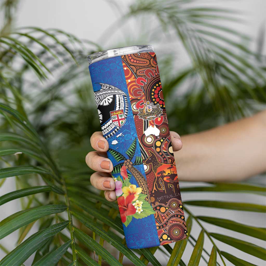 Fiji and Australia Together Skinny Tumbler Fijian Tapa Plants with Kangaroo and Aboriginal LT03 - Polynesian Pride