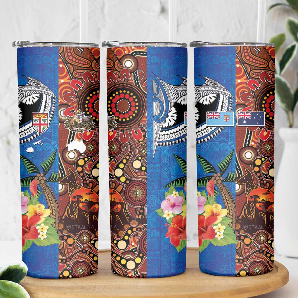 Fiji and Australia Together Skinny Tumbler Fijian Tapa Plants with Kangaroo and Aboriginal LT03 - Polynesian Pride