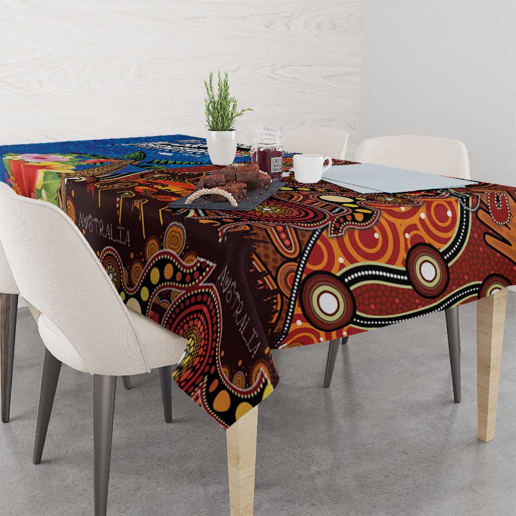 Fiji and Australia Together Tablecloth Fijian Tapa Plants with Kangaroo and Aboriginal - Polynesian Pride