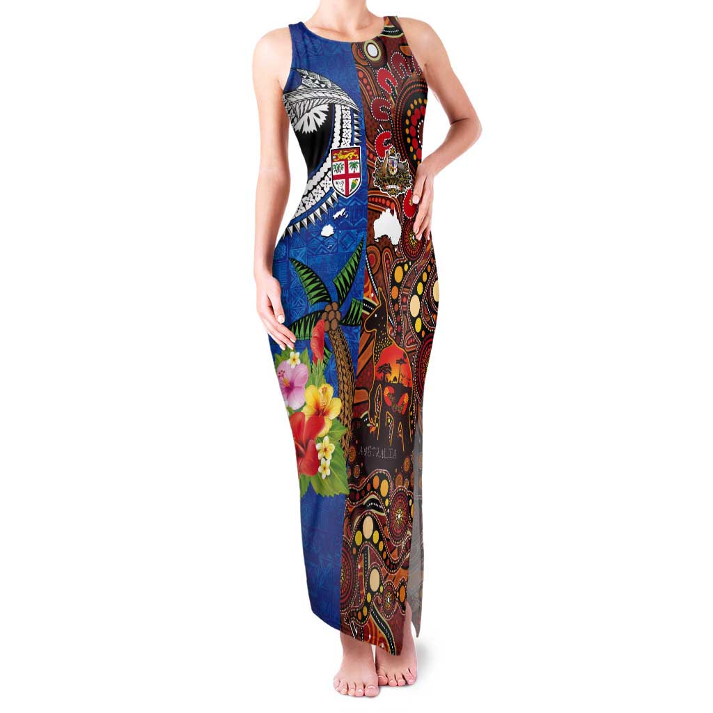 Fiji and Australia Together Tank Maxi Dress Fijian Tapa Plants with Kangaroo and Aboriginal - Polynesian Pride