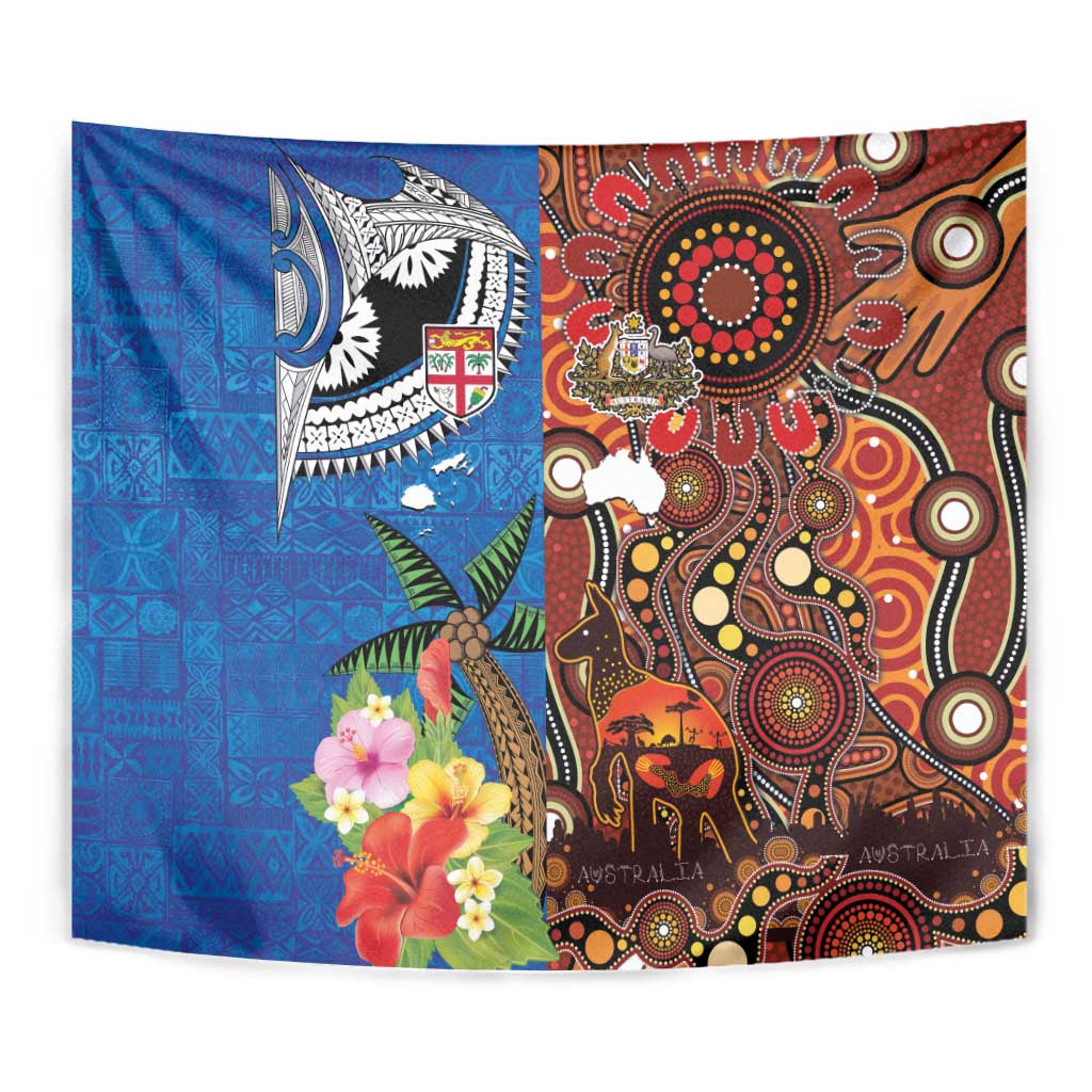 Fiji and Australia Together Tapestry Fijian Tapa Plants with Kangaroo and Aboriginal - Polynesian Pride