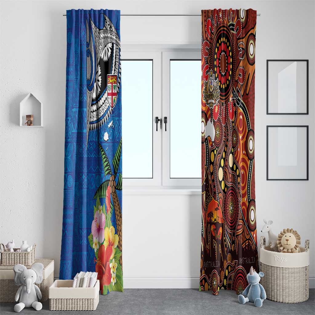 Fiji and Australia Together Window Curtain Fijian Tapa Plants with Kangaroo and Aboriginal - Polynesian Pride