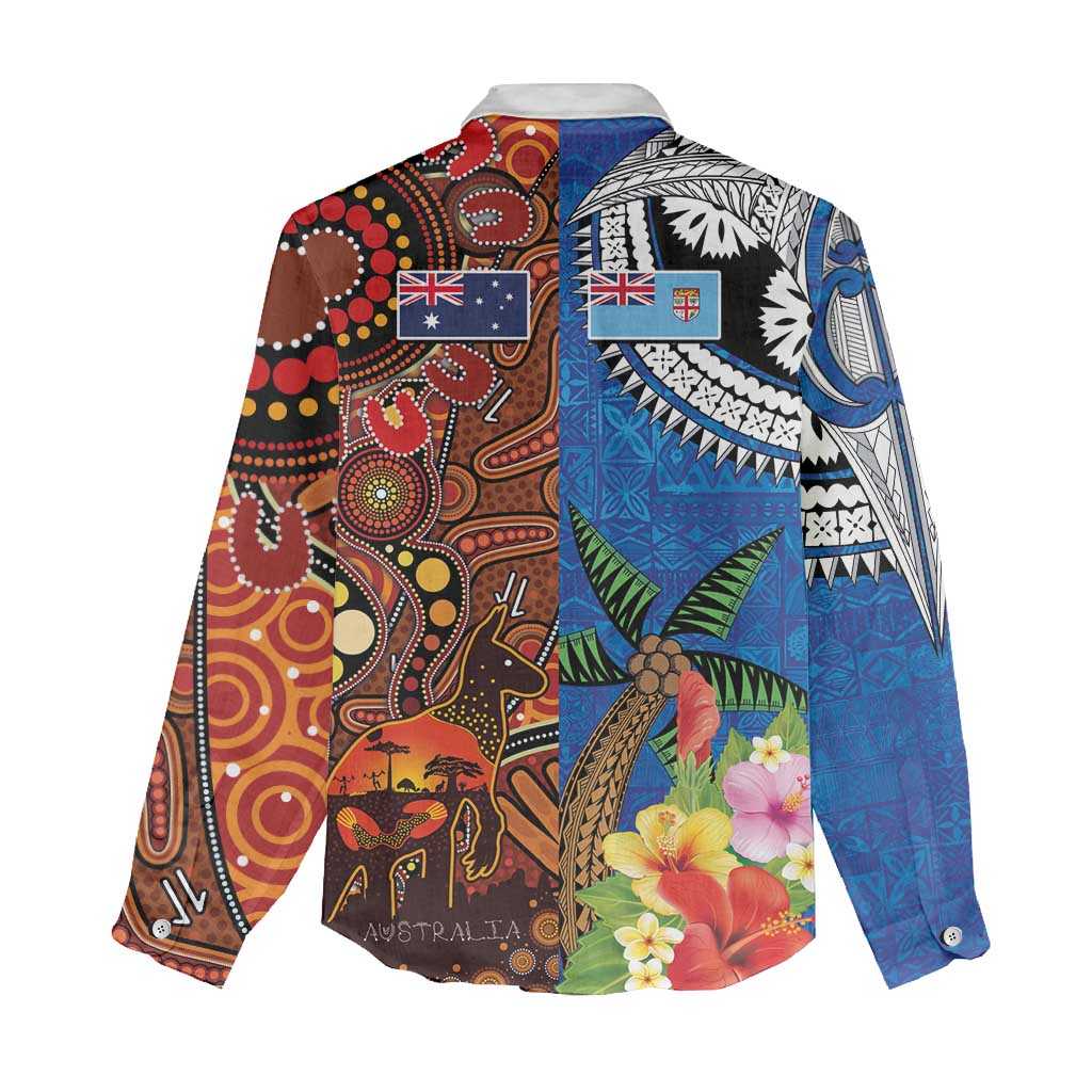 Fiji and Australia Together Women Casual Shirt Fijian Tapa Plants with Kangaroo and Aboriginal LT03 - Polynesian Pride