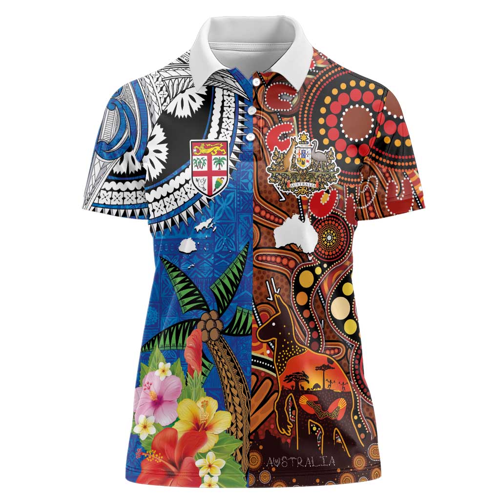 Fiji and Australia Together Women Polo Shirt Fijian Tapa Plants with Kangaroo and Aboriginal LT03 Female Black - Polynesian Pride