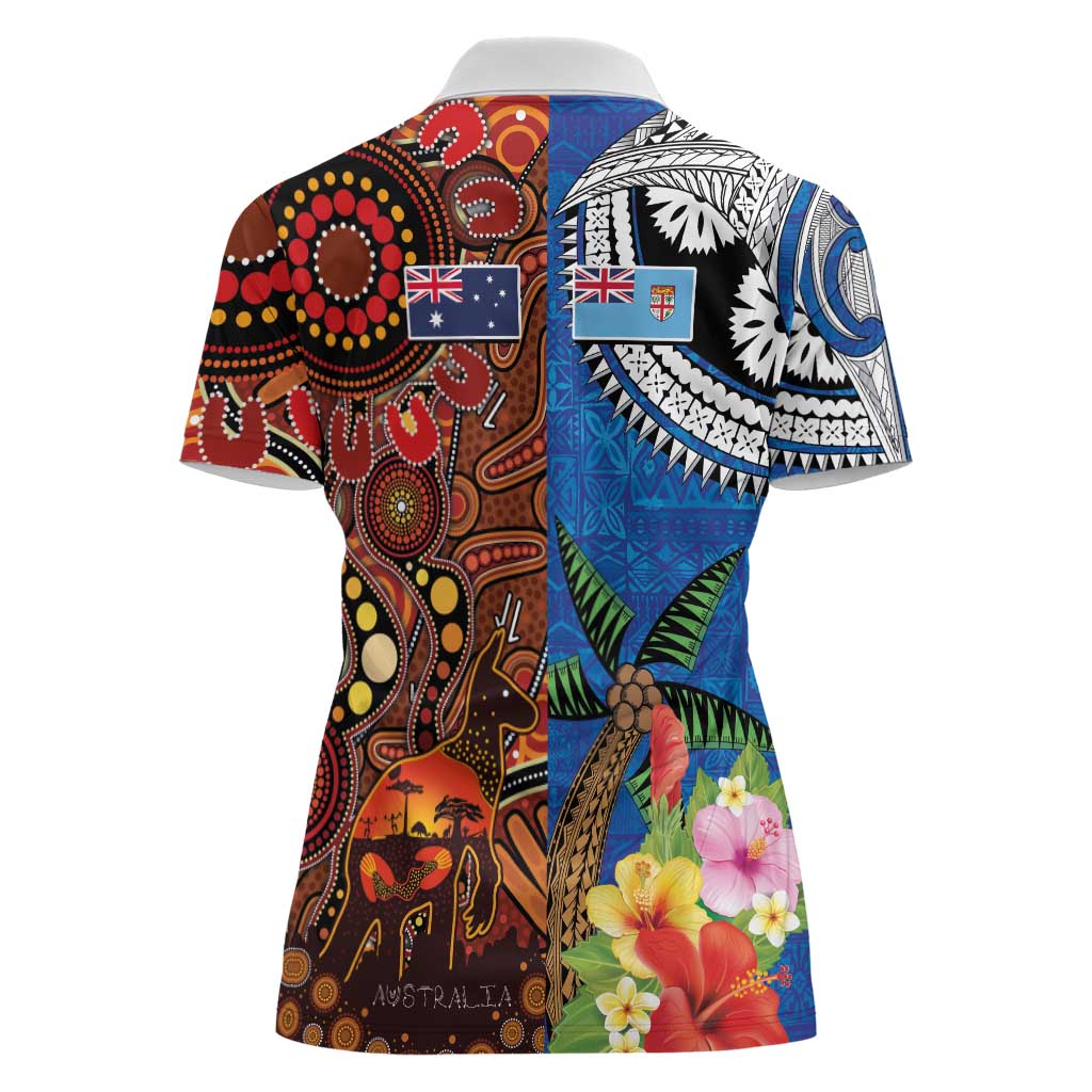 Fiji and Australia Together Women Polo Shirt Fijian Tapa Plants with Kangaroo and Aboriginal LT03 - Polynesian Pride