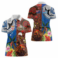 Fiji and Australia Together Women Polo Shirt Fijian Tapa Plants with Kangaroo and Aboriginal LT03 - Polynesian Pride